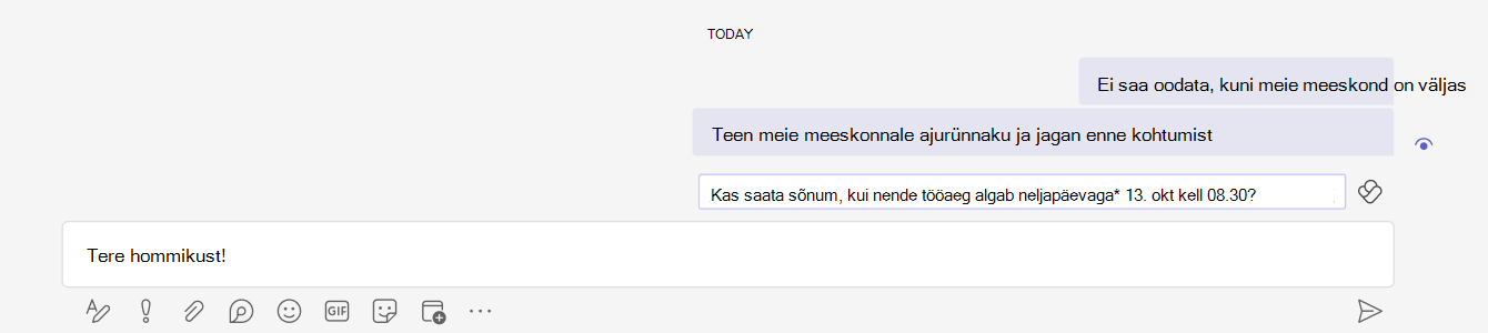 Kuvatõmmis, millel on kujutatud Teamsi vestluse tekstisisestusvälja kohal ajakava saatmise soovitus.