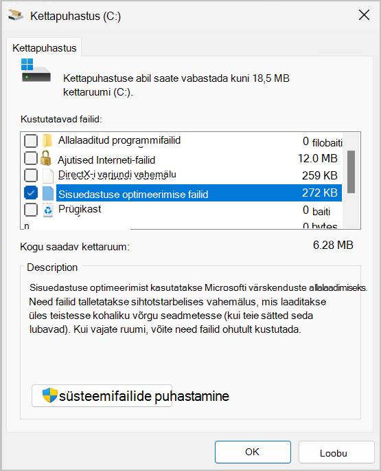 Kuvatõmmis kettapuhastusutiliidist, kus on kuvatud sisuedastuse optimeerimise Files valitud suvand.