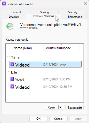 Failiajaloo atribuutide dialoogi kuvatõmmis.