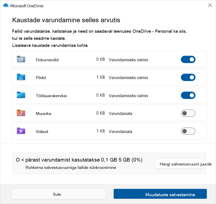 Kuvatõmmis OneDrive'i varukoopiast Windows 10.