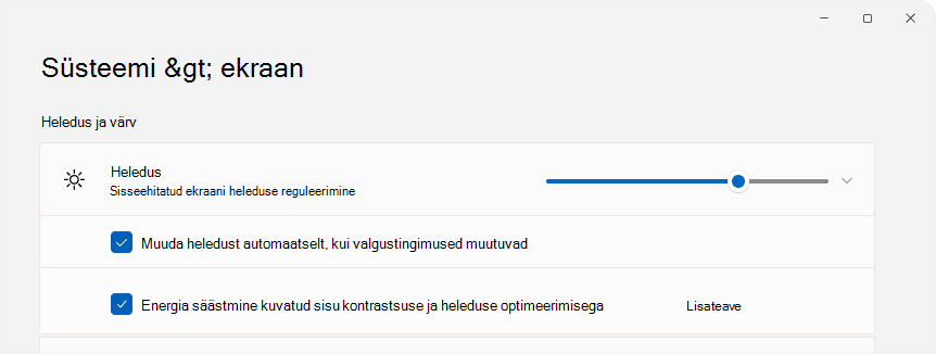 kuvatõmmis sätetest, kus on kuvatud heleduse juhtelement.