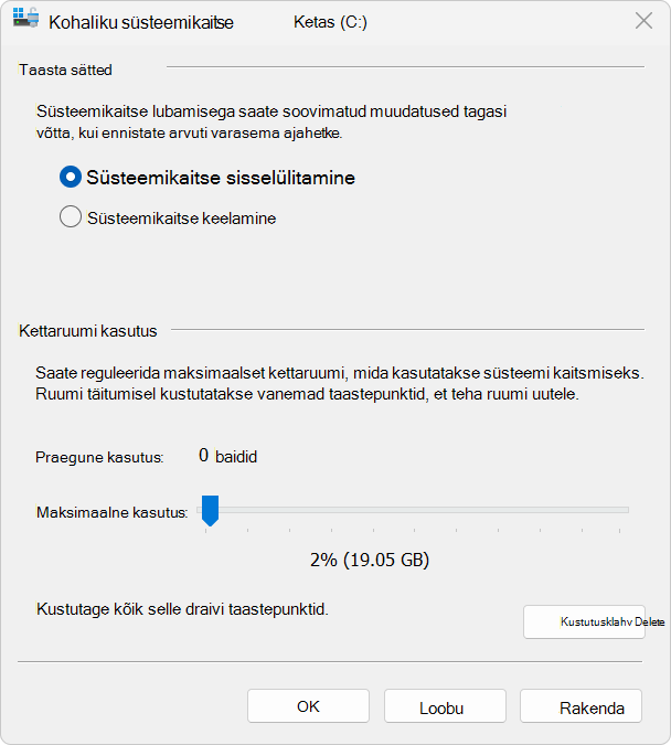Süsteemikaitse kuvatõmmis.