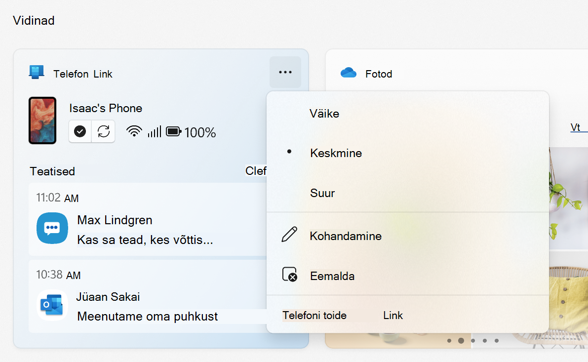 Telefoniga linkimine vidina menüü, kus on kuvatud Telefoniga linkimine suvandite suurus, kohandamine, eemaldamine ja toide.