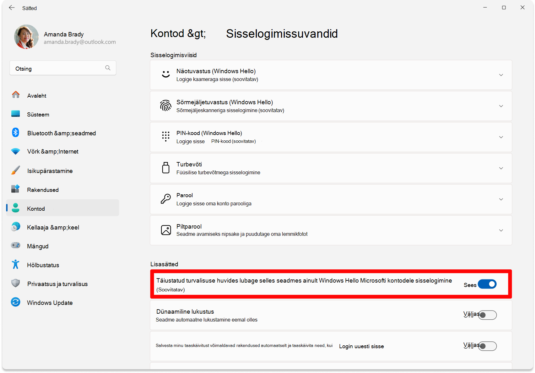 Screenshot of Settings - toggle to configure passwordless turned on.