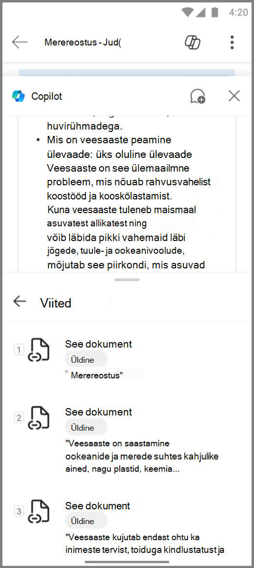Screenshot of Copilot Wordis on Android device with References for Copilots response