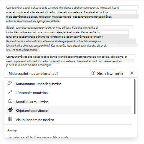 Kirjutussoovituste suvand Copilot'is Word