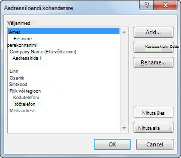 Dialoogiboks „Aadressiloendi kohandamine”