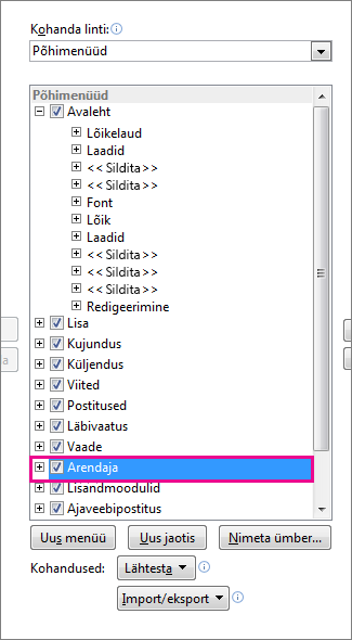 Wordi lindil menüü Arendaja sisselülitamine