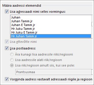 Aadressiploki suvandid
