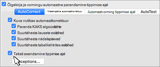 Word for mac asendage teksti tippimise ajal märkeruut.