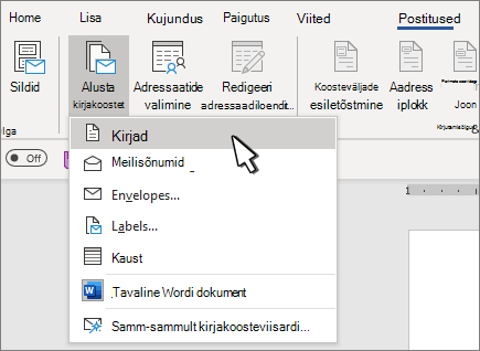 Kirjakooste menüü Start, kus on valitud kirjad