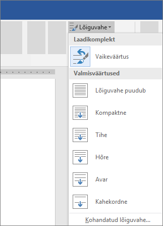 Lõiguvahe muutmise suvandid Word