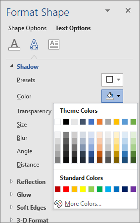 WordArt Shadow colors selection