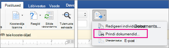 On the Mailings tab, Finish & Merge and the Print Documents option are highlighted