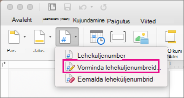 Leheküljenumbrite vormindamiseks klõpsake menüü Päis & Jalus nuppu Leheküljenumber ja seejärel käsku Vorminda leheküljenumbreid.