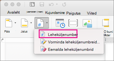 Leheküljenumbri lisamiseks klõpsake menüü Päis & Jalus menüü Leheküljenumber käsku Leheküljenumber.