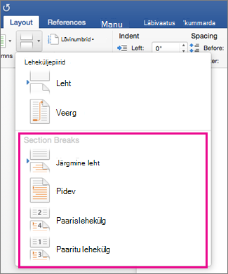 On the Layout tab, the Section Breaks menu is highlighted