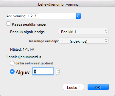 Valige nummerduslaad ja algusnumber leheküljenumbri vormingus.