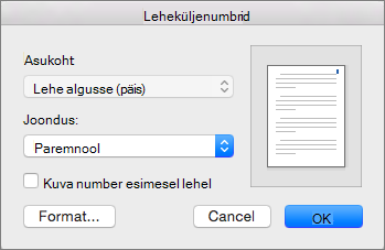 Määrake väljal Leheküljenumbrid leheküljenumbrite paigutus ja joondus.