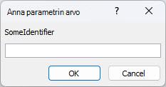 Näyttää esimerkin Odottamattomasta Parametrin arvo -valintaikkunasta Accessissa, jossa tunnisteena on SomeIdentifier, kenttä, johon arvo syötetään, sekä OK- ja Peruuta-painikkeet.