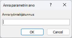Näyttää esimerkin Accessin odotetusta Anna parametrin arvo -valintaikkunasta, jonka tunnisteena on Anna työntekijätunnus, kenttä, johon arvo syötetään, sekä OK- ja Peruuta-painikkeet.