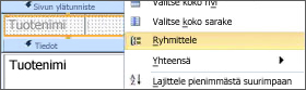 Ryhmitellyn raportin luominen ryhmittelyasetuksen avulla