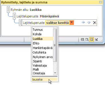 Lausekevaihtoehdon valitseminen Ryhmittely, lajittelu ja summa -ruudusta.