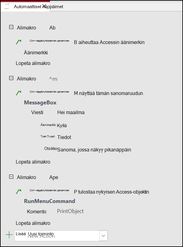 Kolme alimakroa Access-makrossa nimeltä Automaattiset näppäimet