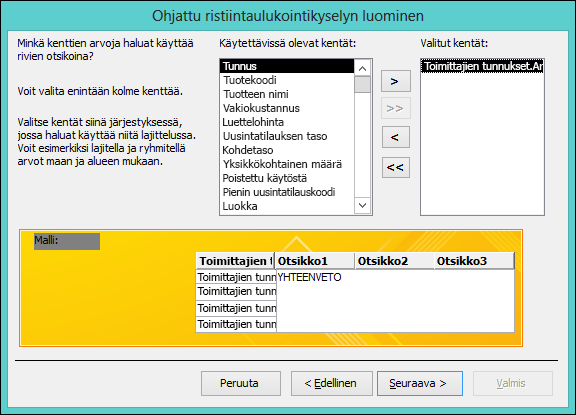 Valitse kenttä, joka näytetään riviotsikoina ohjatussa ristiintaulukointikyselyssä.