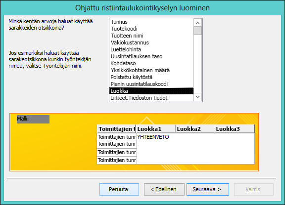 Valitse kenttä, joka näytetään riviotsikoina ohjatussa ristiintaulukointikyselyssä.