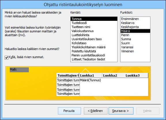 Valitse kenttä ja laskemisessa käytettävä funktio ohjatussa ristiintaulukointikyselyssä.