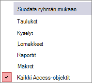 Siirtymisruudun suodattaminen ryhmävalikon mukaan