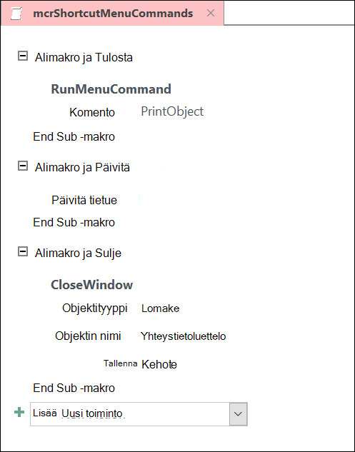 Näyttökuva Access-makron rakenneikkunasta, jossa on kolme alimakrolausekkeista.