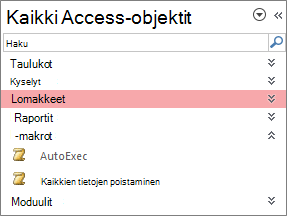 Accessin siirtymisruudun