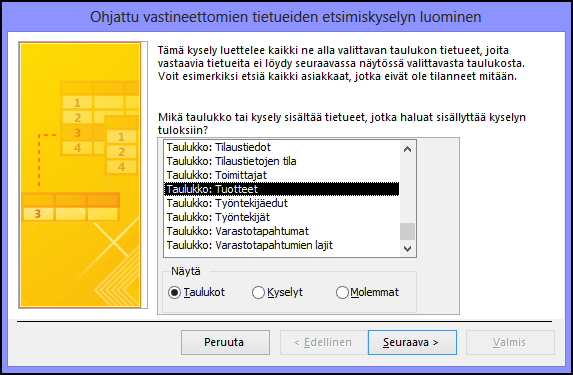 Taulukon tai kyselyn valitseminen vastineettomien tietueiden etsimiskyselyn valintaikkunassa