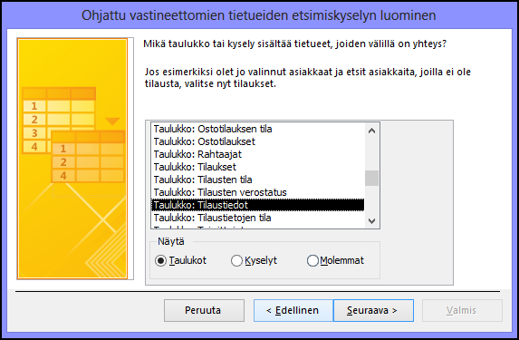 Liittyvät tietueet sisältävän taulukon tai kyselyn valitseminen vastineettomien tietueiden etsimiskyselyn valintaikkunassa