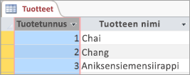 Näyttökuva Tuotteet-taulukosta