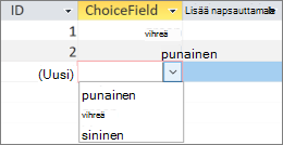Vaihtoehtoluettelon näyttäminen käyttäjälle