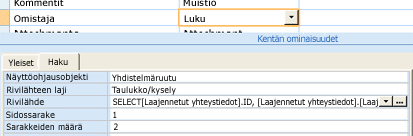 Näyttökuva, jossa käytetään taulukkoa tai kyselyä hakukentän tietolähteenä.