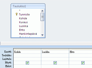 kysely, jossa on kolme kenttää rakenneruudukossa