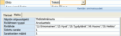 Näyttökuva, jossa arvoluettelo näkyy hakukentän tietolähteenä.