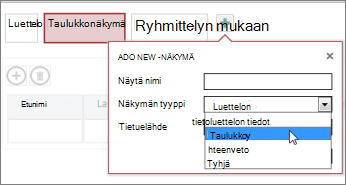 Toisen taulukkonäkymän lisääminen taulukkoon