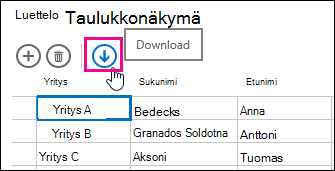 Lataa Exceliin -toimintopainike laskentataulukkonäkymässä