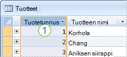 Kuva, jossa on Tuotteet-taulukko ja perusavainkenttä.