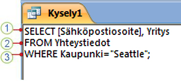 SQL-objektivälilehti, jossa näkyy SELECT-komento