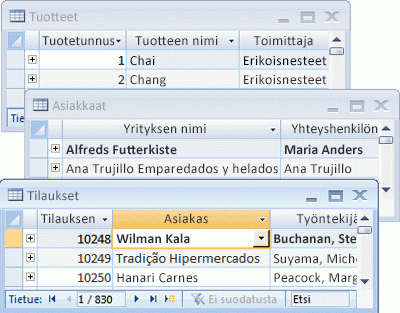 Kuva, jossa on kolme taulukkoa taulukkonäkymissä