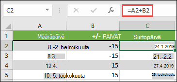 Voit lisätä tai vähentää päiviä päivämäärästä kaavalla =A2+B2, jossa A2 on päivämäärä ja B2 on lisättävien tai vähennettävien päivien määrä.