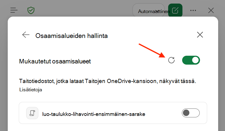 Näyttökuva Excelin Mukautetut taidot -valintaikkunan Kopiointi-valintaikkunasta, jossa Päivitä-painike on korostettuna.