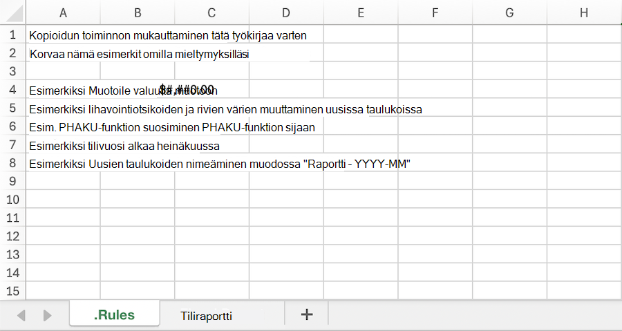 Näyttökuva Excel-työkirjan kopioijasta, jossa on esimerkki . Säännöt-laskentataulukko.