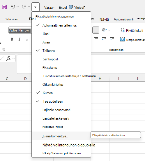Näyttökuva, jossa näkyy Mukauta pikatyökaluriviä valitsemalla Lisää komentoja.